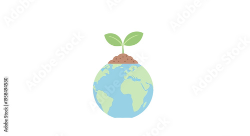A stylized minimalist globe with a small green sprout emerging from brown soil on top symbolizing hope and environmentalism in a simple flat artistic style with a white background
