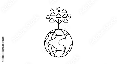A line drawing of a globe with a tree growing out of it, surrounded by abstract shapes, illustrating environmental conservation and sustainability on Earth.