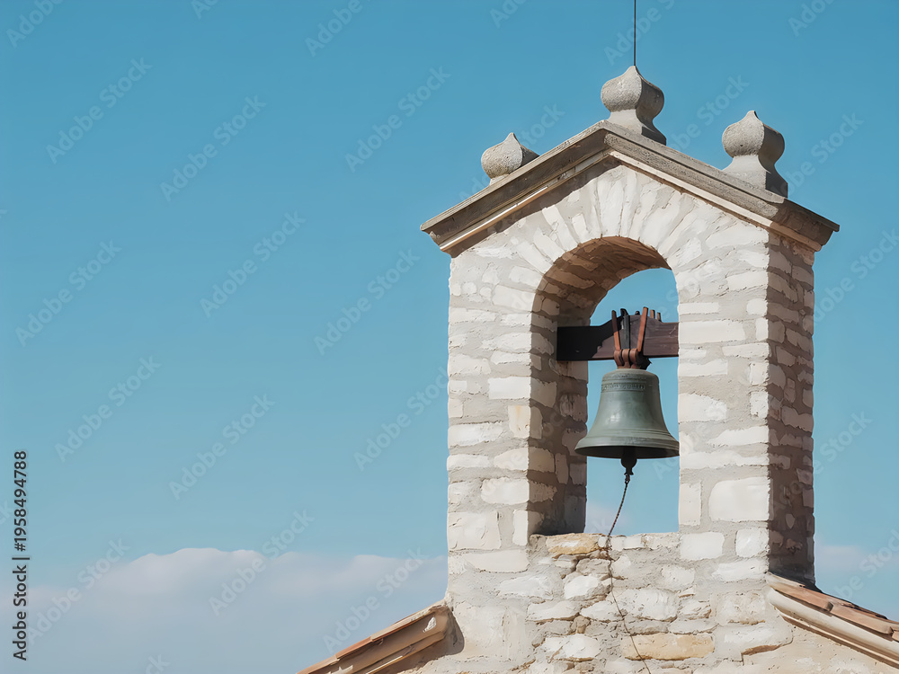 Obraz premium Stone Bell Tower with Green Bell Under Clear Blue Sky