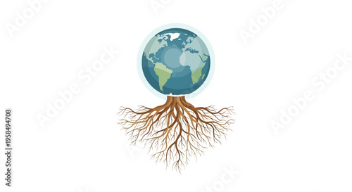Vibrant digital illustration of Earth with sprawling roots symbolizing global connection and environmental sustainability