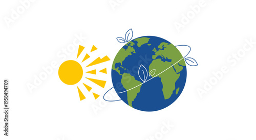 A stylized illustration of Earth rotating on its axis with leaves orbiting around it, symbolizing eco-friendly harmony with the sun in a simplistic modern art style for environmental concept
