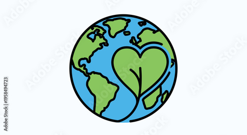 A green heart shaped leaf grows on a planet Earth with lush continents and oceans under a clear blue sky with a black outline.