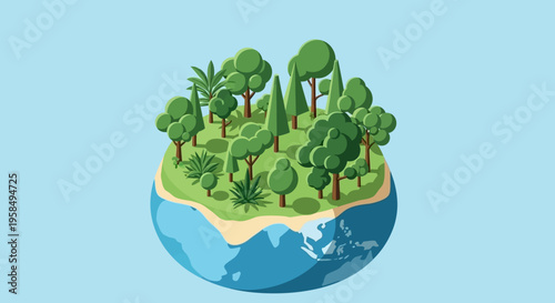 A serene illustration of a vibrant forest ecosystem on a cross-section of the Earth showcasing lush trees and plants on land surrounded by ocean