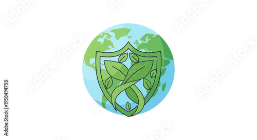Eco-friendly protection shield with green leaves on a stylized globe, symbolizing environmental conservation and sustainability, with a modern flat design and minimalistic style.