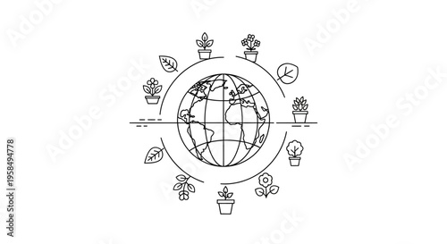 Black and white line art illustration of a globe surrounded by eco-friendly icons representing sustainability and environmental conservation on a white background in a minimalist style