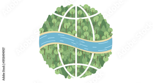 A stylized illustration of a globe with a winding road traversing through lush green forests, symbolizing global travel and eco-tourism on a white background in a minimalist artistic style.