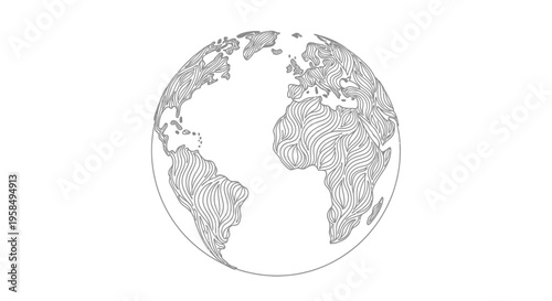 Monochromatic line drawing of Earth globe with continents outlined in detailed gray shading on white background symbolizing global unity and diversity in a minimalist style