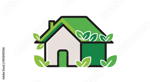 Eco-friendly house with green roof and solar panel, minimalist flat design, sustainable living concept, environmentally friendly home icon, green technology symbol
