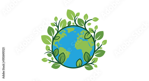 Vibrant illustration of a stylized Earth surrounded by lush greenery, symbolizing environmental conservation and eco-friendly living on a white background