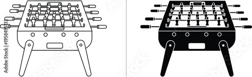 Foosball table vector illustration, table soccer game equipment, black and white design, isolated recreational sport object, leisure entertainment icon set