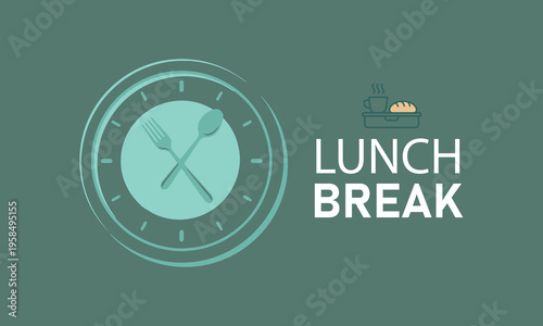 Lunch break concept with a clock featuring fork and spoon on a teal background
