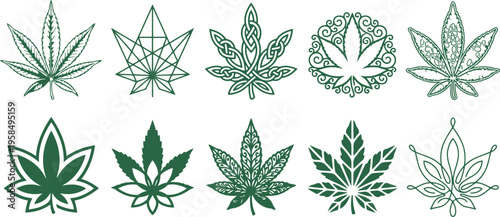 Diverse collection of artistic cannabis leaf designs featuring various intricate patterns and styles