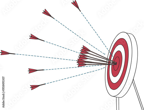 Achieving Success Through Persistent Effort and Multiple Arrows Hitting the Bullseye on a Red Target