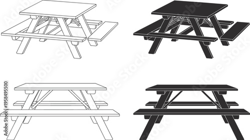 Picnic table vector illustration, wooden outdoor furniture design, front and perspective views, black and white isolated bench table blueprint set