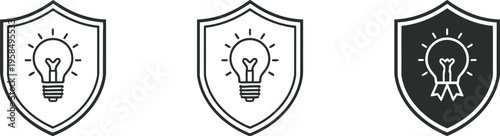 Set of shield icons with light bulb vector illustrations symbolizing innovation protection security and intellectual property design