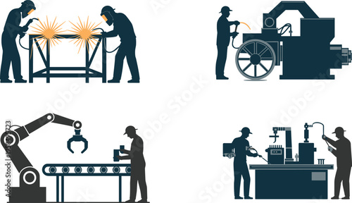 Industrial workers silhouettes set, welding machining automation scenes, factory production illustration, black and white vector design, isolated manufacturing process icons