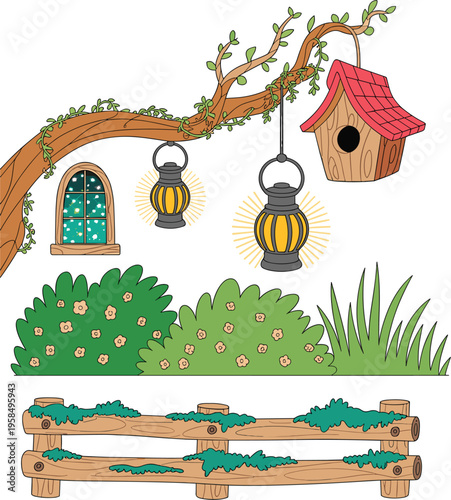 Whimsical Fairytale Garden Elements with Glowing Lanterns Birdhouse and Mossy Rustic Wooden Log Fence Clipart.