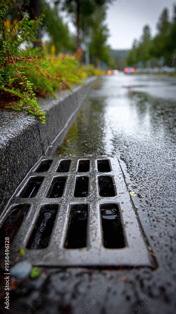 Fototapeta premium rainy street scene with storm drain.
