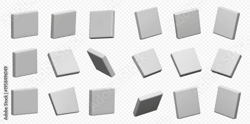 Set of white square blank paper sheets or cards in different angles and positions, isolated on transparent background.