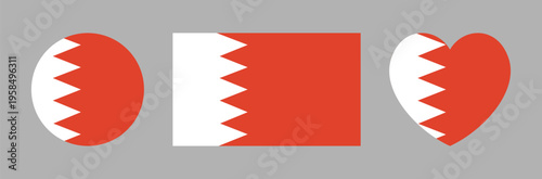 Flag of Bahrain heart shaped, circle, rectangle button, sticker. Set of Bahrain round, rectangular, heart flag badge, icon. Bahrain flag banner, background.