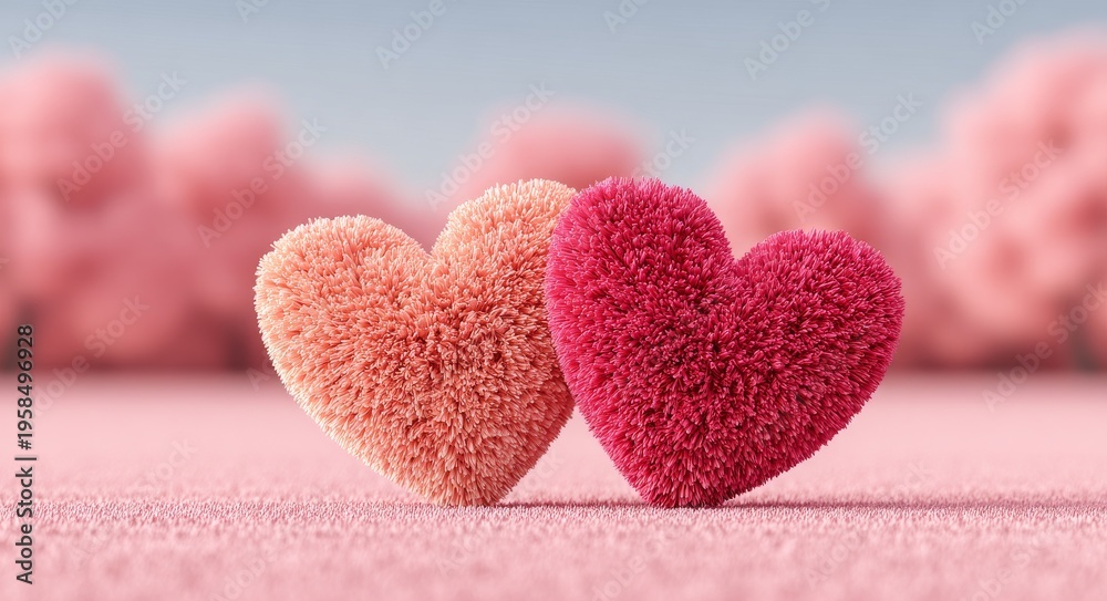 Obraz premium Valentine's Day concept with love symbols, three decorative hearts, and birds soaring on a pink background