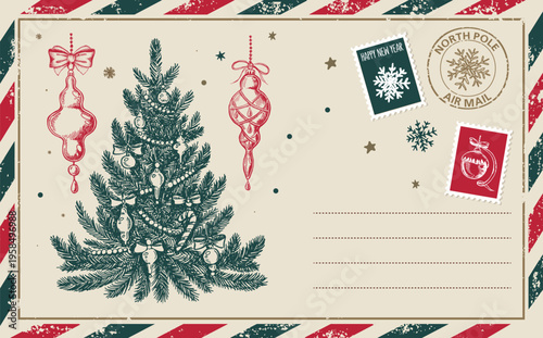  Christmas Postcard with Hand-Drawn Tree and Stamps