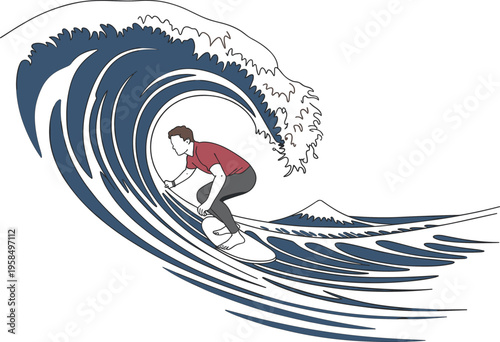 Adventurous Surfer Riding A Massive Stylized Blue Ocean Wave With Mount Fuji In The Background Scene