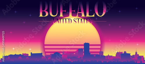 Purple generic retro futuristic synthwave panoramic poster of the city skyline with misty background sunset buildings of BUFFALO, UNITED STATES