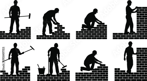 Bricklayer worker silhouettes building wall, masonry construction process with trowel and hammer tools, professional builder laying bricks and repair work illustration