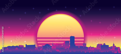 Purple generic retro futuristic synthwave panoramic poster of the city skyline with misty background sunset buildings of BUFFALO, UNITED STATES