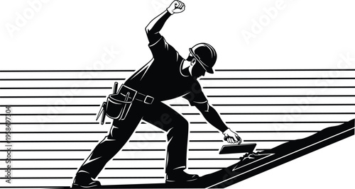 Construction worker plastering wall with trowel silhouette isolated on white background, masonry finishing, repair work, industrial labor and building maintenance concept illustration