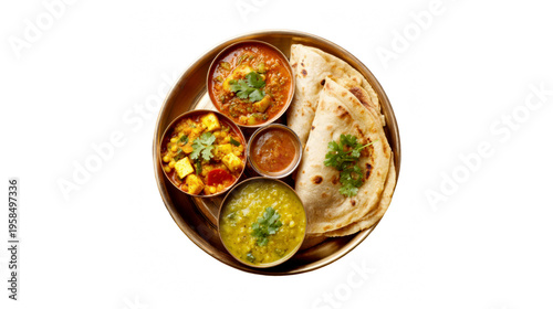 Traditional Indian thali meal with naan bread and various curries