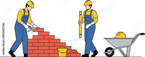 Construction workers building brick wall with tools and wheelbarrow isolated on white background, masonry process, industrial labor, repair work and building concept illustration