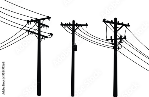 Silhouette of utility poles with transformers, insulators, crossarms, varied wiring configurations, electricity distribution, urban infrastructure, industrial landscape, high voltage grid