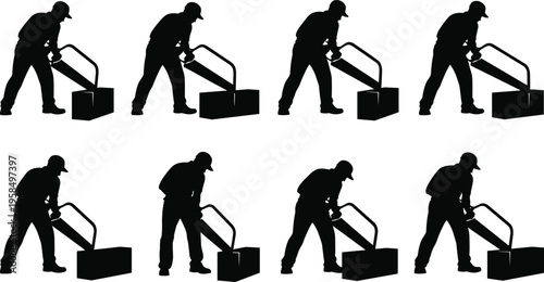 Worker silhouettes cutting material with power saw isolated on white background, construction labor, industrial work, manual processing and building equipment usage concept illustration