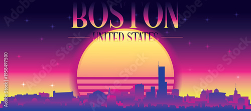 Purple generic retro futuristic synthwave panoramic poster of the city skyline with misty background sunset buildings of BOSTON, UNITED STATES