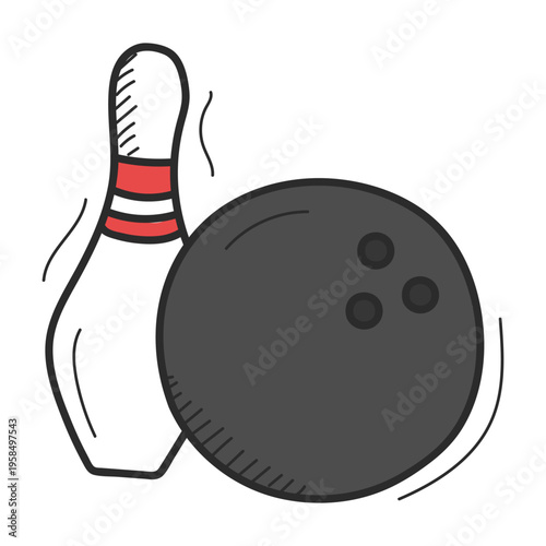 Bowling game doodle icon vector isolated. Hand-drawn illustration of a ball and bowling pin. Idea of active lifestyle. Indoor sport.
