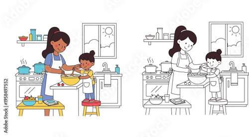 Mother and daughter cooking together in kitchen vector illustration set with line art version for coloring book, happy family baking activity and healthy lifestyle at home