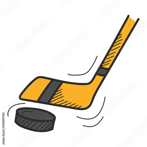Hockey game doodle icon vector isolated. Hand-drawn illustration of a hockey stick and black puck. Idea of active lifestyle and team sport.