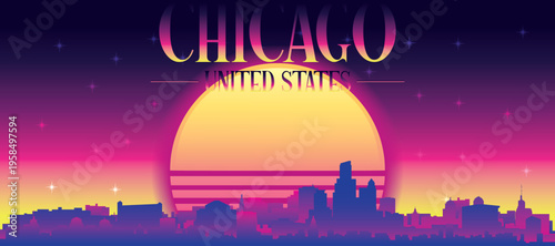 Purple generic retro futuristic synthwave panoramic poster of the city skyline with misty background sunset buildings of CHICAGO, UNITED STATES
