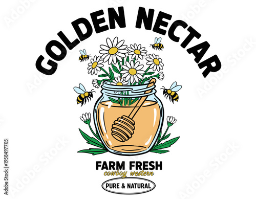 Golden nectar honey jar artwork. Farm fresh organic design. Daisy flower and bees. Vintage honey label for t shirt. Pure and natural graphic.