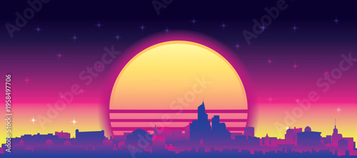 Purple generic retro futuristic synthwave panoramic poster of the city skyline with misty background sunset buildings of NEW YORK, UNITED STATES