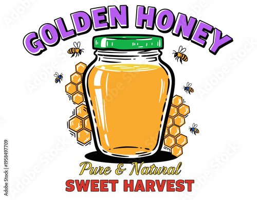 Golden honey jar design. Bee with honeycomb artwork. Pure and natural sweet harvest. T shirt print design. Vintage honey label.