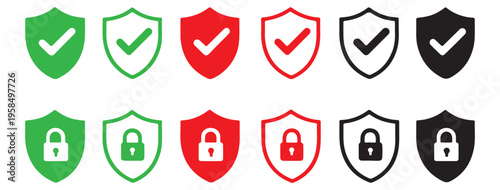 Shield Security Icon Set, vector illustration with protection icons, check mark, and lock elements, ideal for safety interfaces, cybersecurity apps