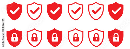 Shield Security Icon Set, vector illustration with protection icons, check mark, and lock elements, ideal for safety interfaces, cybersecurity apps
