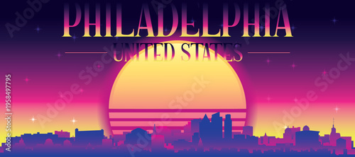 Purple generic retro futuristic synthwave panoramic poster of the city skyline with misty background sunset buildings of PHILADELPHIA, UNITED STATES