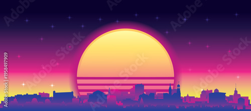Purple generic retro futuristic synthwave panoramic poster of the city skyline with misty background sunset buildings of HAMBURG, GERMANY