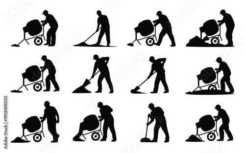 Silhouettes of construction workers performing tasks such as mixing concrete pushing wheelbarrows and shoveling in a minimalist black and white style