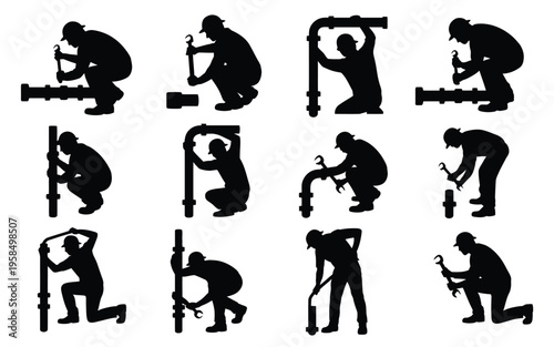 Silhouettes of workers performing various construction tasks including welding drilling sawing and hammering isolated on a white background
