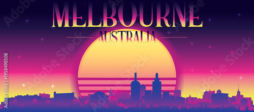 Purple generic retro futuristic synthwave panoramic poster of the city skyline with misty background sunset buildings of MELBOURNE, AUSTRALIA